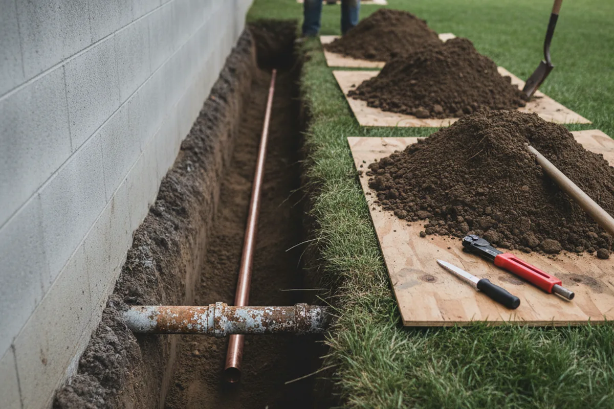 Excavated water line trench during Water Softener Installation in Avenal